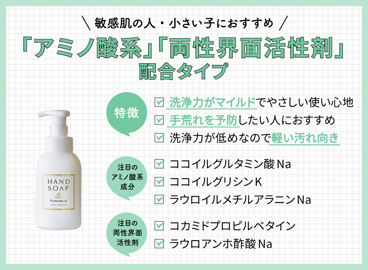 「アミノ酸系」「両性界面活性剤」配合タイプは敏感肌の人・小さい子におすすめ。