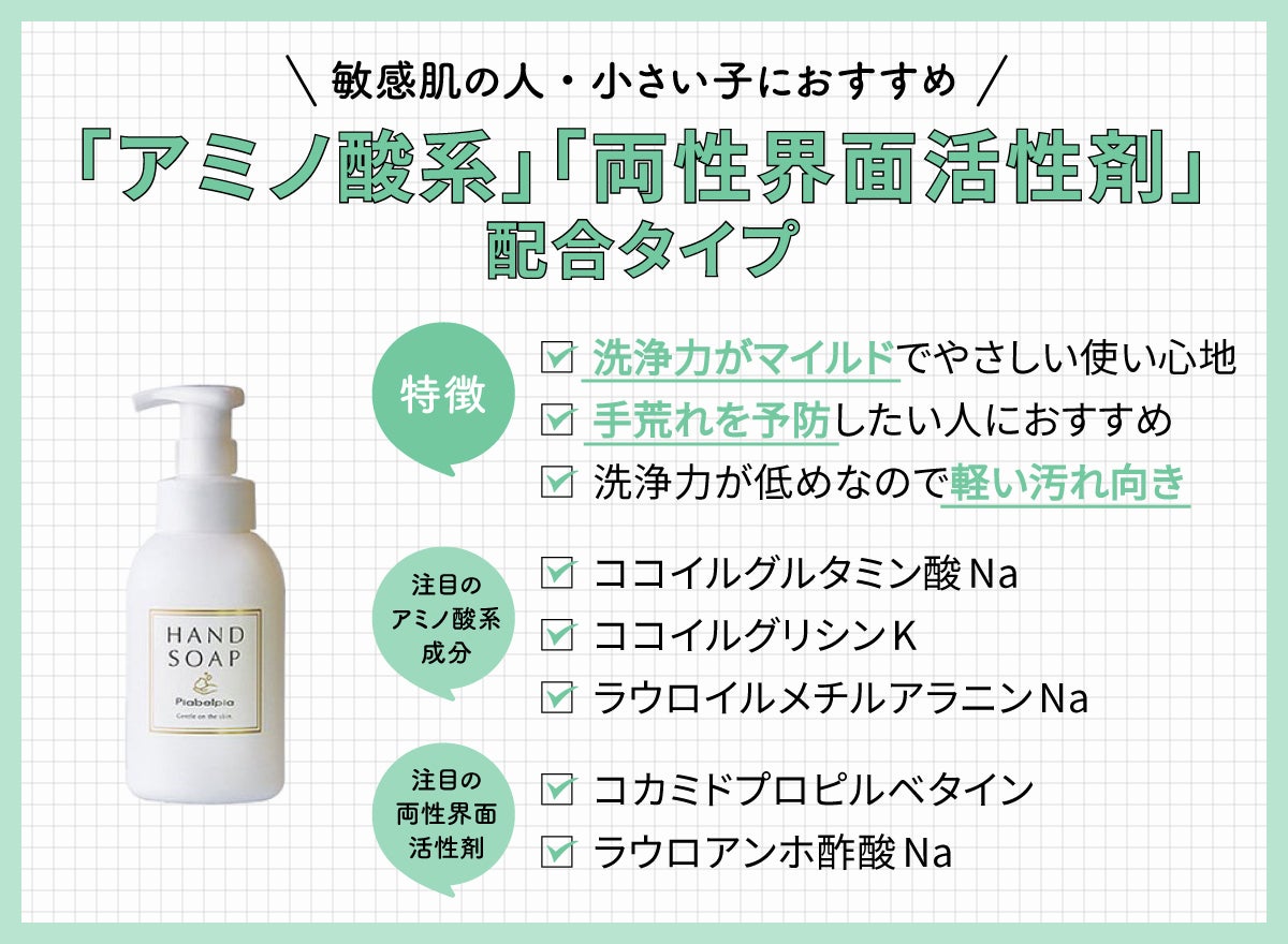 「アミノ酸系」「両性界面活性剤」配合タイプは敏感肌の人・小さい子におすすめ。