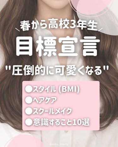 高校3年生になりました！！
4月1日から頑張りたい自分磨きの目標宣言します♡

わこの目標は ꒰ 圧倒的に可愛くなる꒱
→理想の自分を自分を目指すために、
やるべき事をまとめたのでみんなにも共有します💞