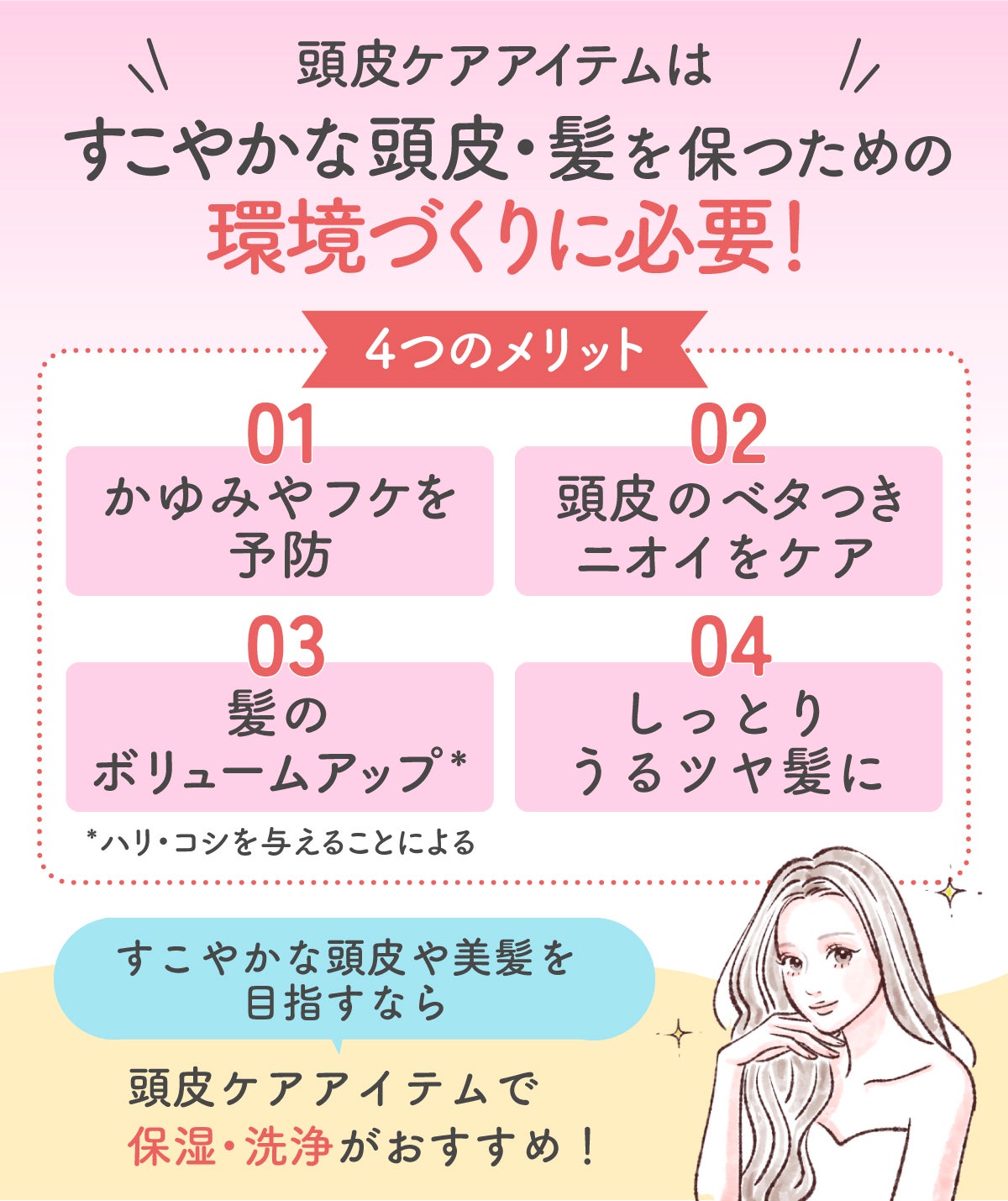 頭皮ケアアイテムはすこやかな頭皮・髪を保つための環境づくりに必要!4つのメリットはかゆみやフケを予防、頭皮のベタつき・ニオイをケア、髪のボリュームアップ、しっとりうるツヤ髪になれる。すこやかな頭皮や美髪を目指すなら頭皮ケアアイテムで保湿・洗浄がおすすめ!