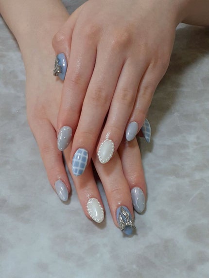 #ネイル,#ジェルネイル,#リボンネイル,#ブルーネイル,#爽やかネイル,#春ネイル,#春夏ネイルのネイルデザイン