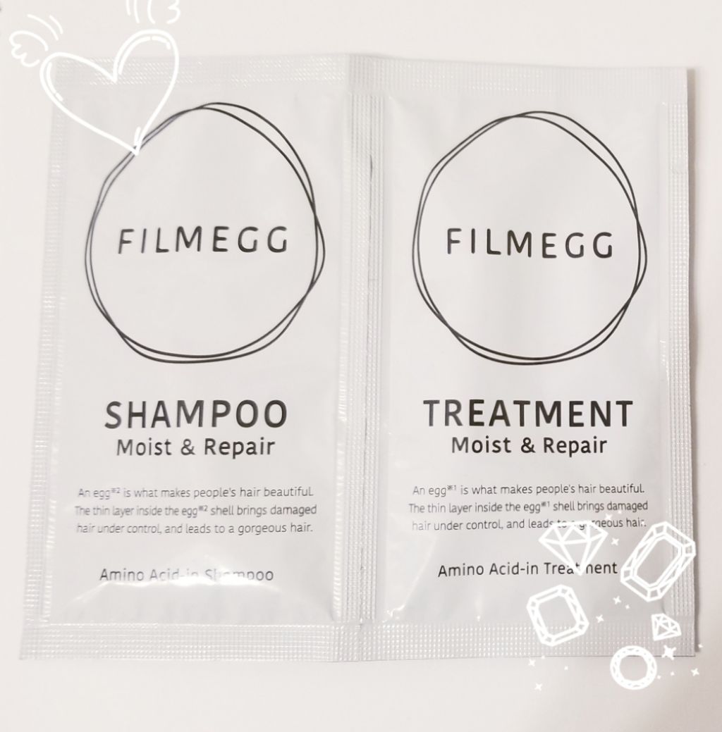 ドラッグストアで見つけたトライアルの。
フィルメッグのシャンプーとトリートメント。
卵シャンプーというもので、卵殻膜をシャンプーとトリートメントに使ってあるみたいです。アミノ酸やヒアルロン酸がたくさん含まれているみたいで✨

香りはどちらか