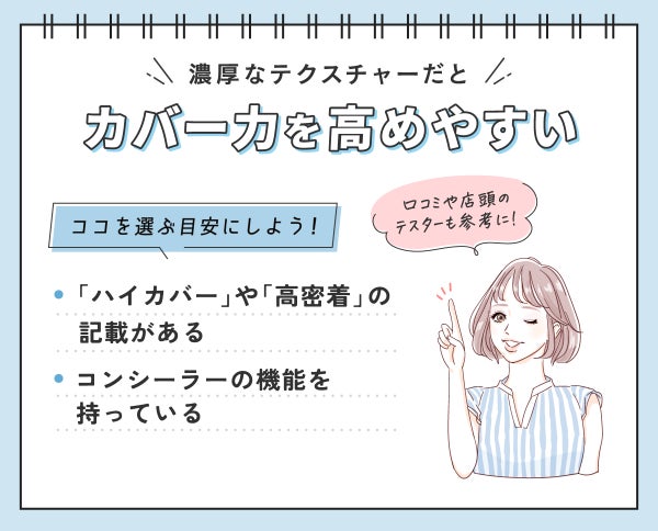 濃厚なテクスチャーだとカバー力を高めやすい。「ハイカバー」や「高密着」の記載やコンシーラーの機能を持っているかを目安にしよう!口コミや店頭のテスターも参考に!
