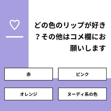 【質問】
どの色のリップが好き？その他はコメ欄にお願いします

【回答】
・赤：33.3%
・ピンク：18.5%
・オレンジ：29.6%
・ヌーディ系の色：18.5%

#みんなに質問

=======