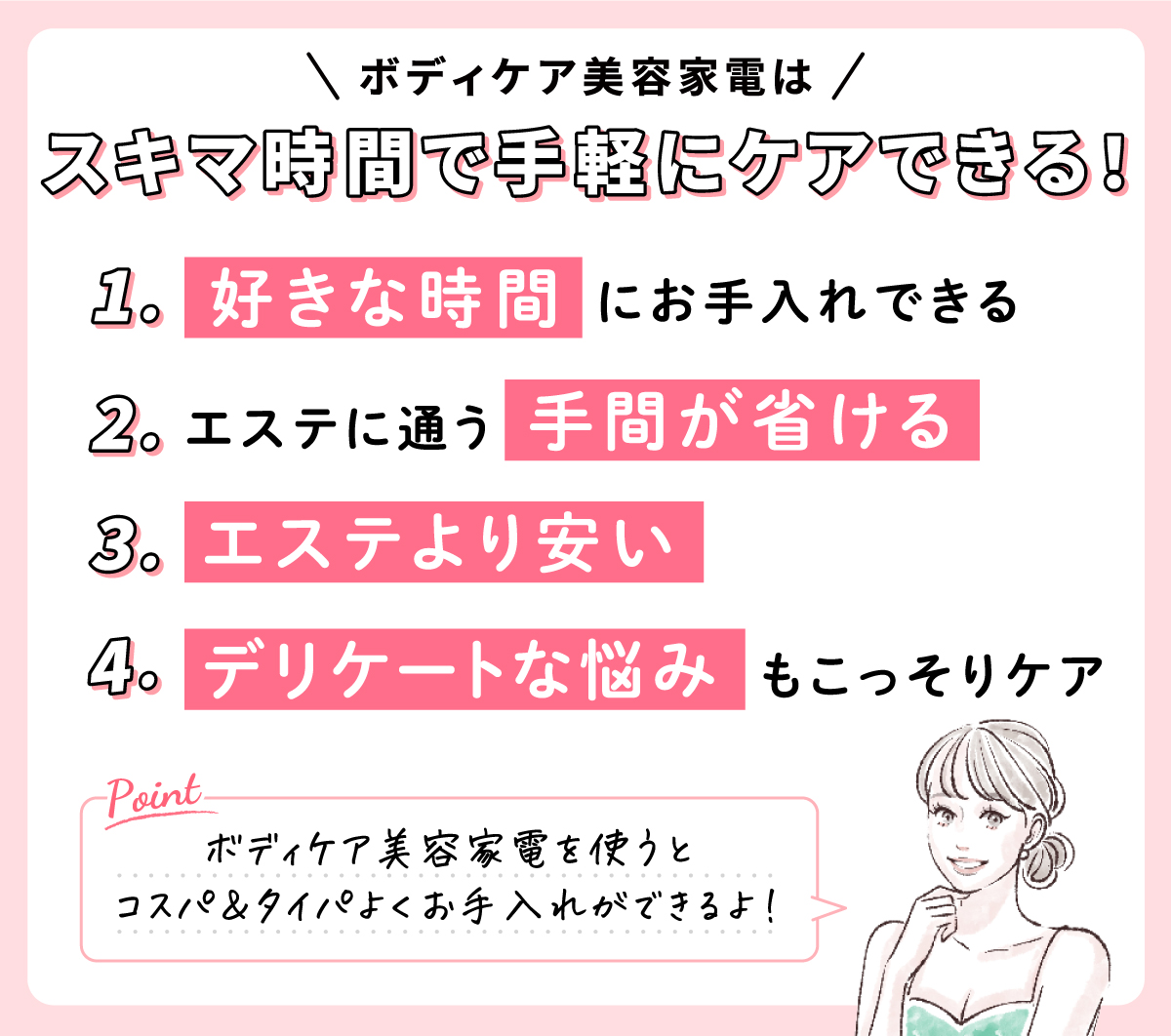 ボディケア美容家電はスキマ時間で手軽にケアできる！①好きな時間にお手入れできる。②エステに通う手間が省ける。③エステより安い。④デリケートな悩みもこっそりケアできる。