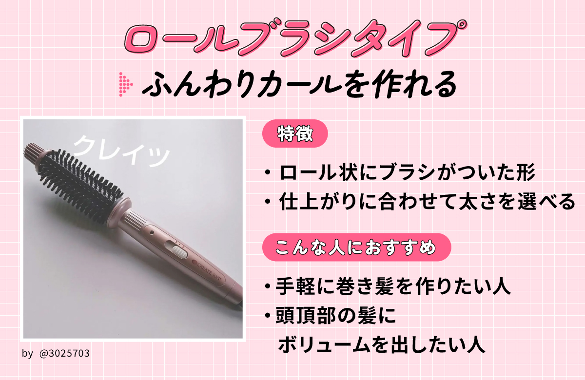 ロールブラシタイプはふんわりカールを作れる。ロール状にブラシがついた形で、仕上がりに合わせて太さを選べるのが特徴。手軽に巻き髪を作りたい人や頭頂部の髪にボリュームを出したい人におすすめ。