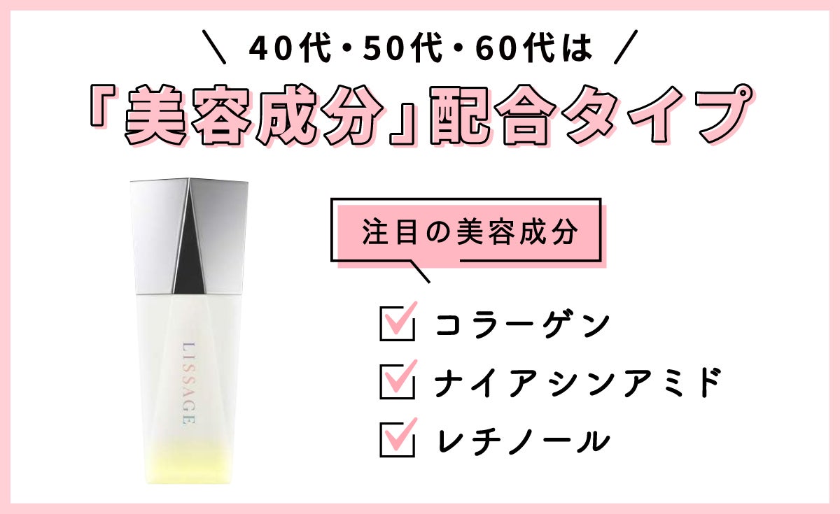 40代・50代・60代は「エイジングケア向きの成分」が入っているかをチェック。注目の「エイジングケア向きの成分」は、コラーゲン・ナイアシンアミド・レチノールです。