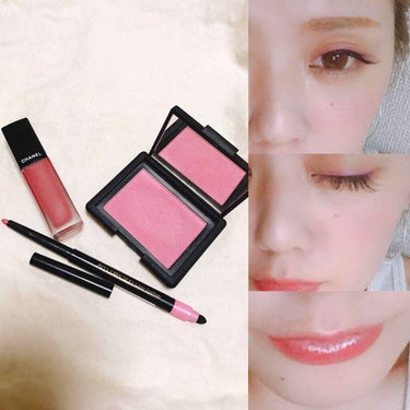 NARS ブラッシュのクチコミ「ピンクメイク☻♡100円均のカラーアイライナーのピンクを目元にのせて、チップでぼかします♡次に.....」（1枚目）