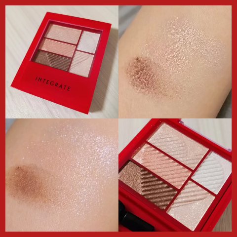 インテグレート
トリプルレシピアイズ　PK704

ラメの主張強めで可愛いです。
アイシャドウベースを塗らなくても
色やラメが夜まで残っているので、
持ちが良いなと思います。
付属のアイシャドウチップはふわふわなので
まぶたに優しく塗布でき