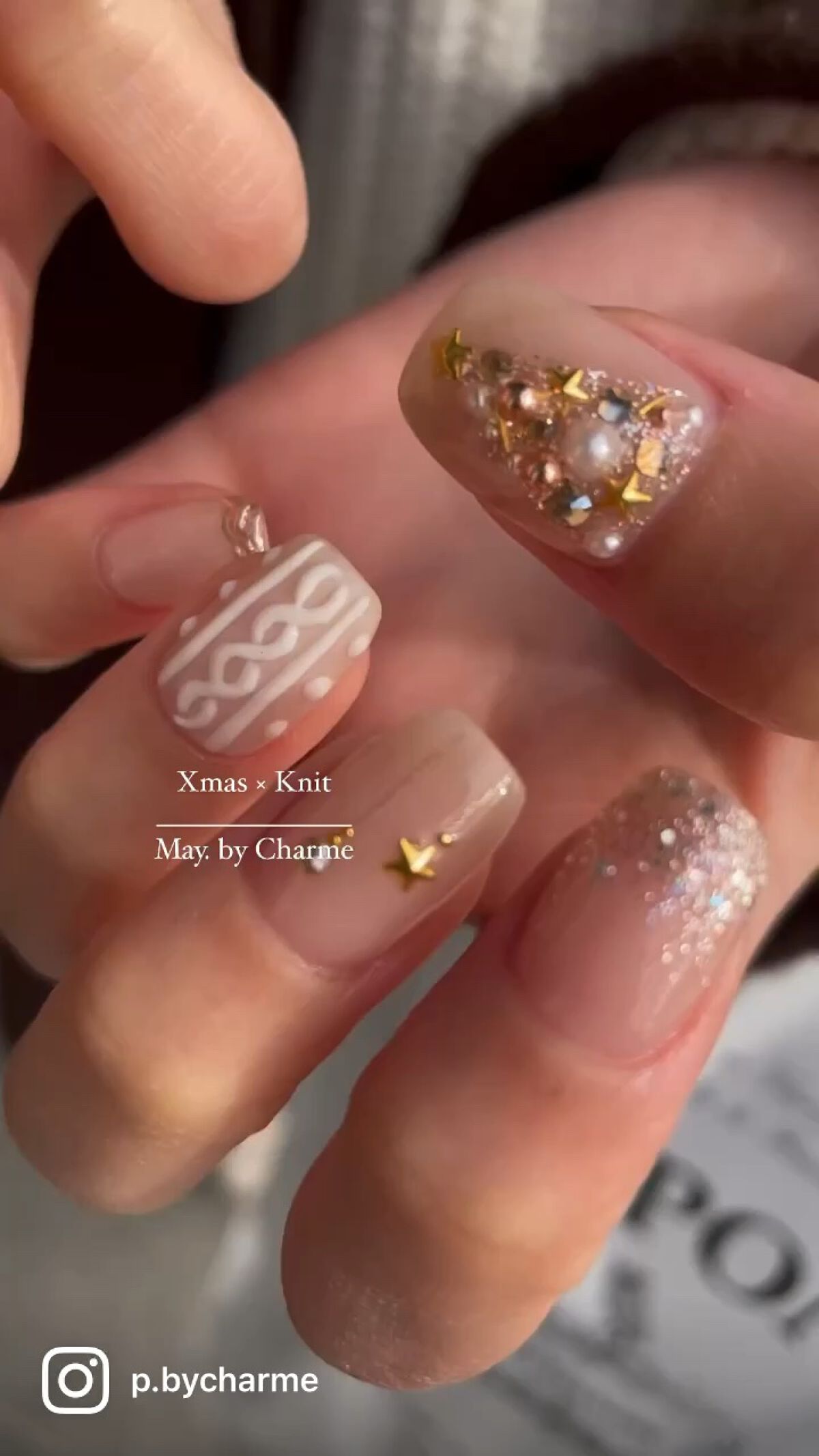 #クリスマスネイル,#冬ネイル,#Xmasネイル,#キラキラネイル,#リースネイル,#マグネットネイル,#ニットネイルのネイルデザイン