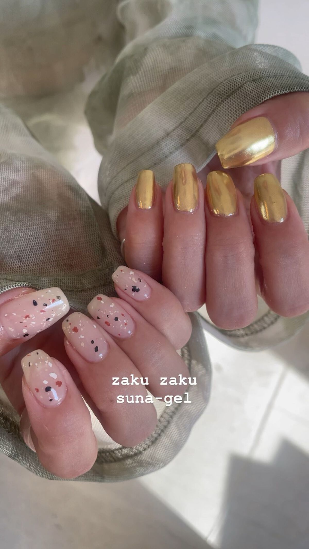 #ジェルネイル,#セルフネイル,#テラゾーネイル,#ちぐはぐネイル,#キラキラネイル,#夏ネイルのネイルデザイン