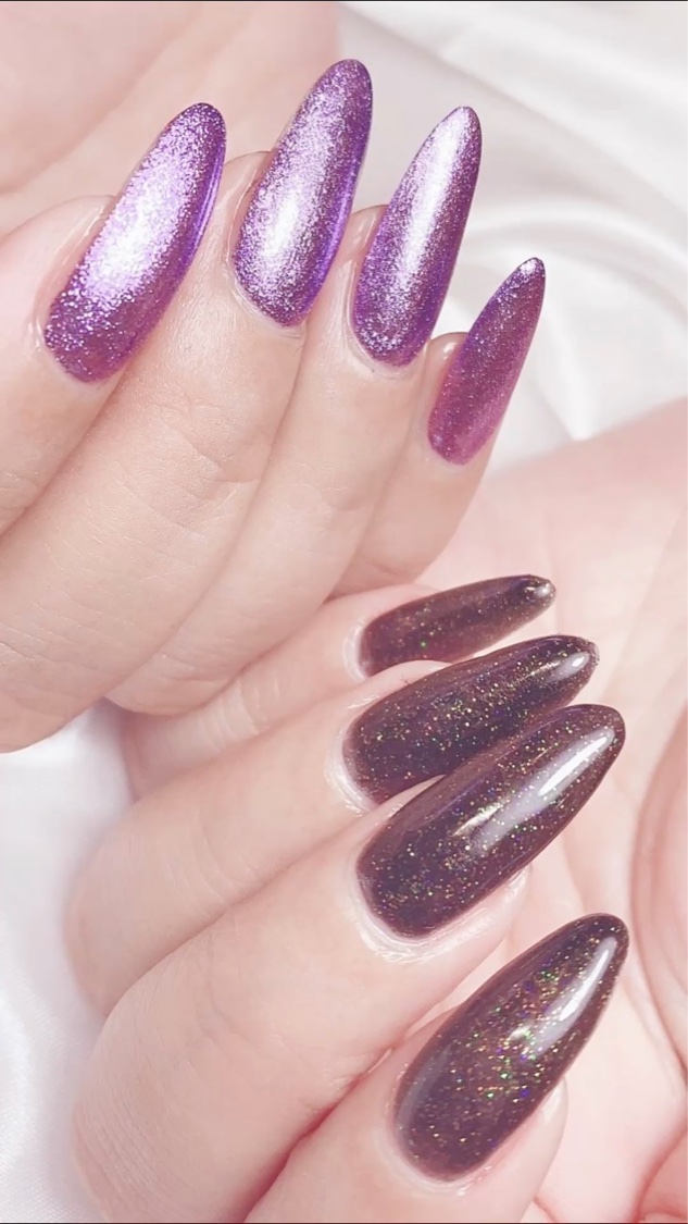 #ロングネイル,#ブラックネイル,#パープルネイル,#クロミネイルのネイルデザイン